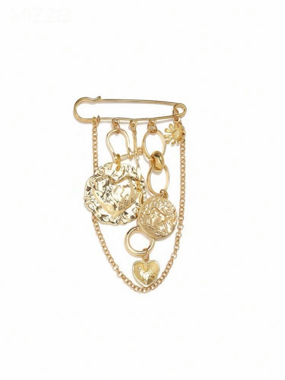 Gold Heart Charm Safety Pin Brooch - Women Jewelry